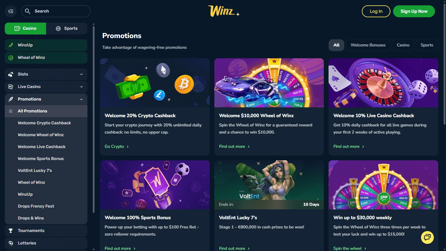 Winz Casino desktop promotions area with Wheel of Winz offers