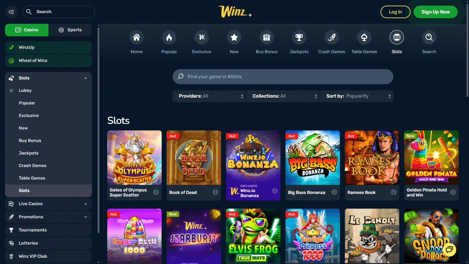 Winz Casino desktop game selection with casino and live options
