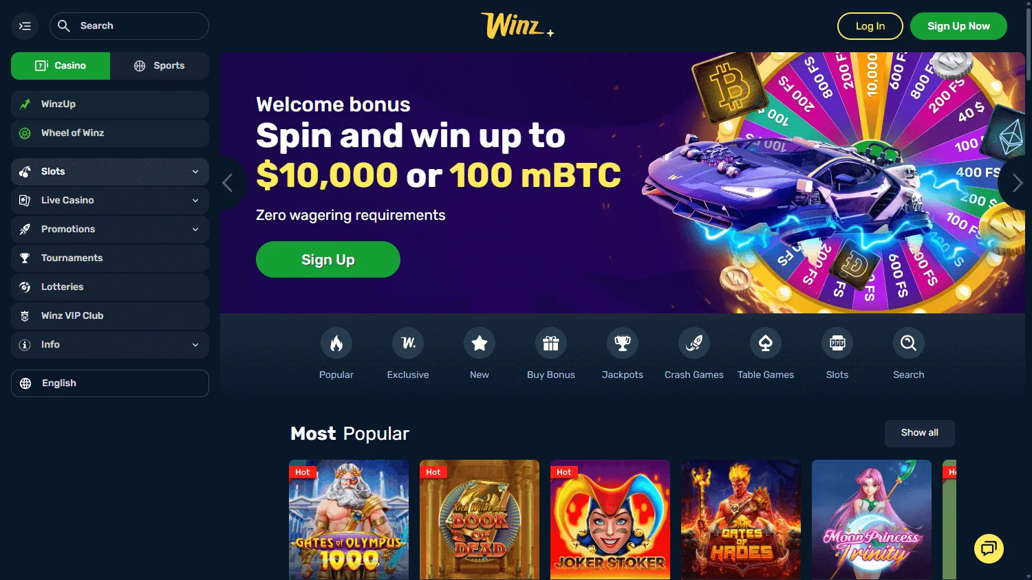 Winz Casino desktop casino and betting interface