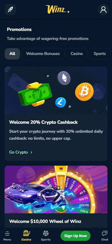 Winz Casino mobile browser promotions area
