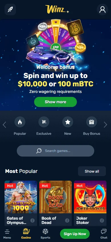 Winz Casino mobile browser casino and betting interface