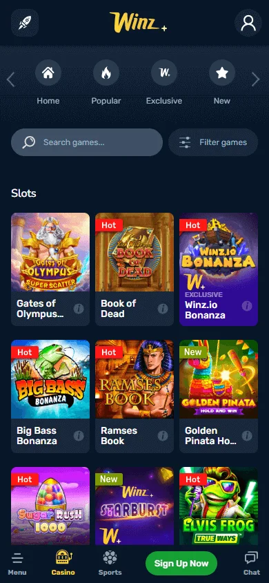 Winz Casino mobile browser game selection